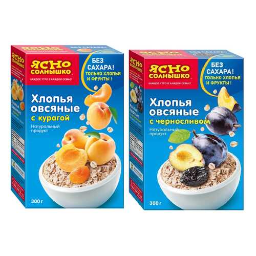 Хлопья Ясно Солнышко овсяные с курагой 300 г и с черносливом 300 г в ВкусВилл