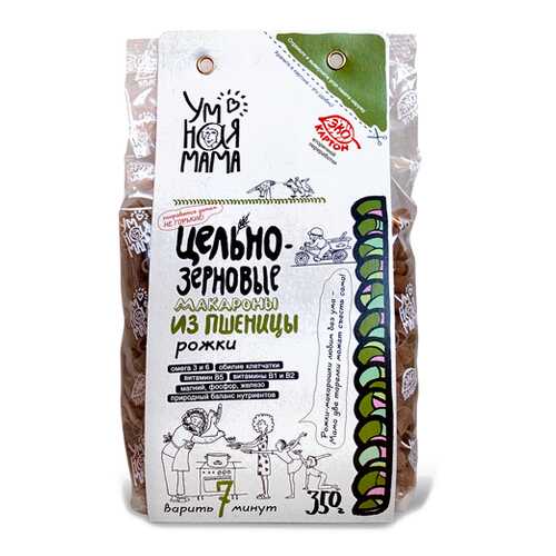 Макароны цельнозерновые пшеничные Рожки Умная мама 350 г в ВкусВилл
