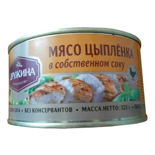 Мясо цыпленка Дружина в собственном соку гост 325 г в ВкусВилл
