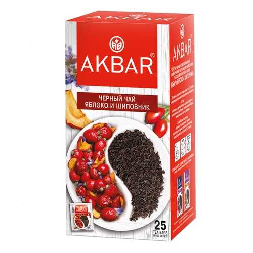 Чай Akbar Яблоко и Шиповник, черный с добавками, 25 сашетов в ВкусВилл
