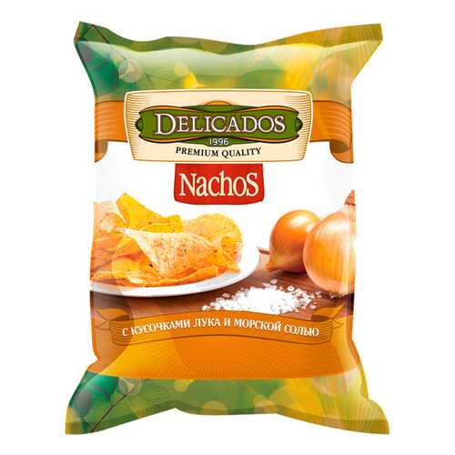 Чипсы Delicados nachos кукурузные с кусочками лука и морской солью 150 г в ВкусВилл