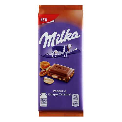 Шоколад Milka Молочный с арахисом и кусочками хрустящей карамели 90г в ВкусВилл